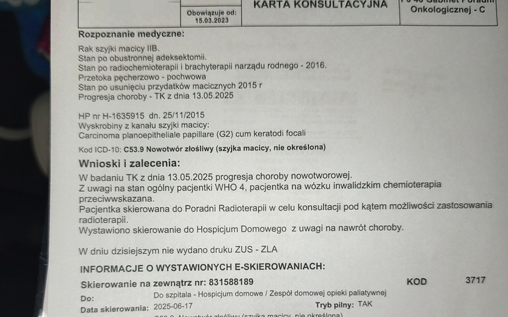 Dokument medyczny z zaleceniami dotyczącymi leczenia.