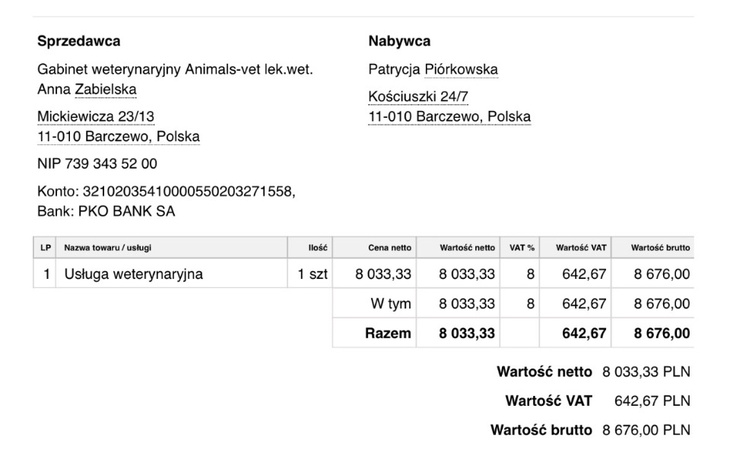 Faktura za usługi weterynaryjne, z danymi sprzedawcy i nabywcy.