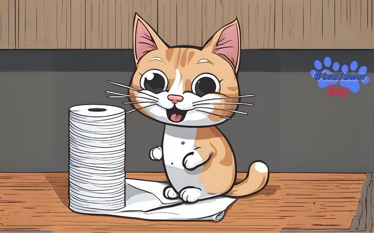 Rysunek kota z rolką papieru toaletowego.
