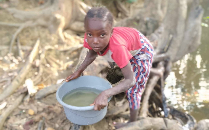 Dziecko zbierające wodę w wiadrze w naturalnym otoczeniu.