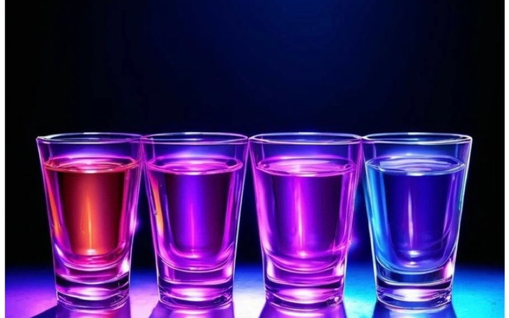 Cztery szklanki z kolorowymi płynami na ciemnym tle.