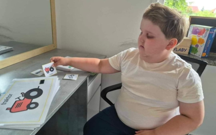 Chłopiec bawi się kartami z obrazkami, ucząc się o traktorach.