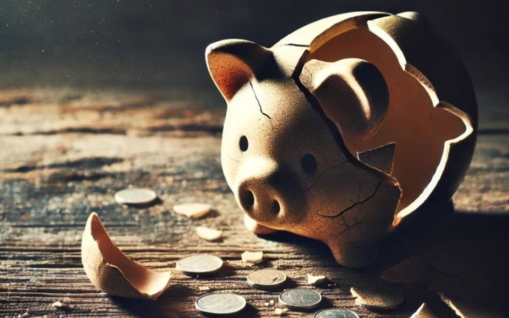 Złamańca skarbonka w kształcie świnki z monetami.