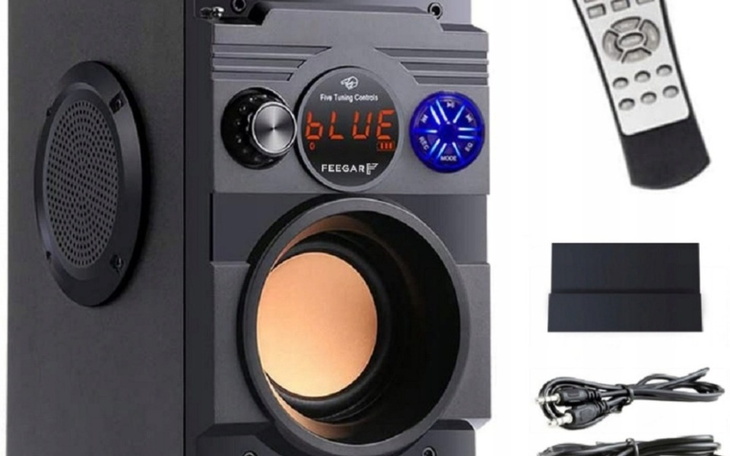 Głośnik z pilotem, akcesoria do podłączenia.