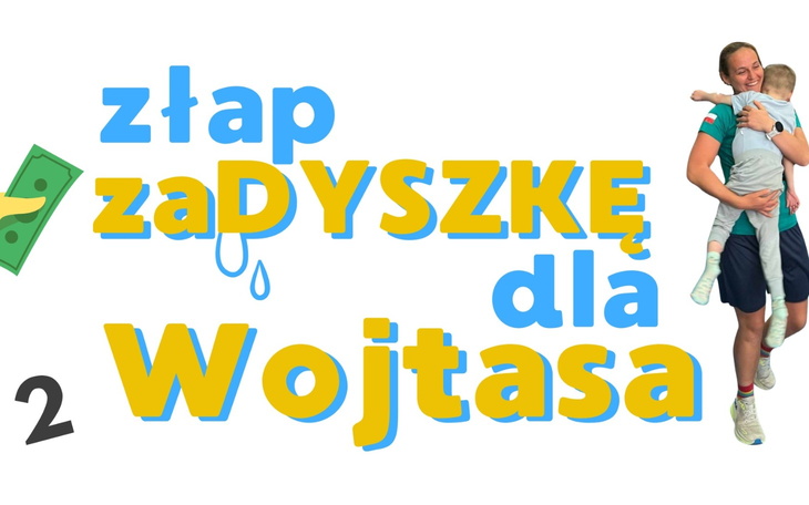 Grafika promująca zbiórkę dla Wojtasa z wizerunkiem sportowca.