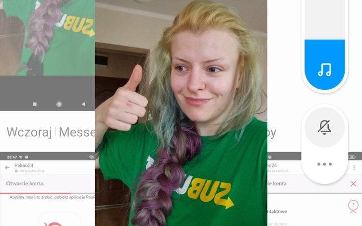 Osoba z kolorowymi włosami, uśmiechająca się do kamery.