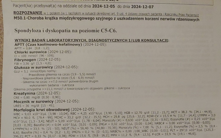 Dokument medyczny z wynikami badań pacjenta.