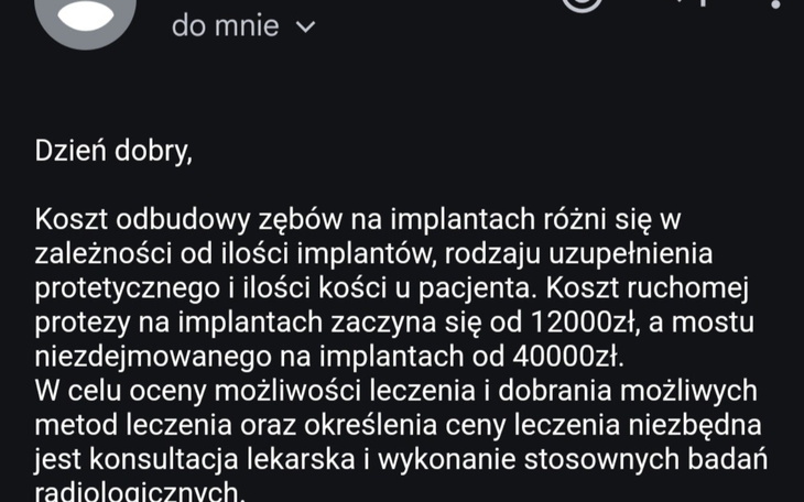 Dokument dotyczący kosztów leczenia implantologicznego.