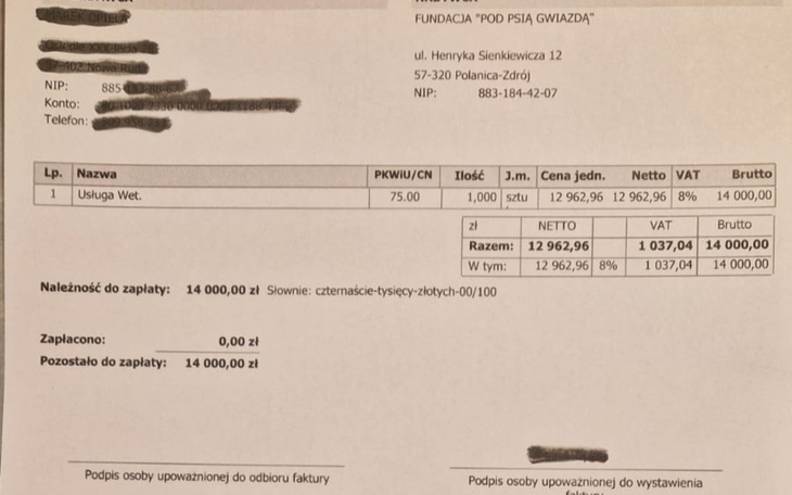 Faktura za usługi weterynaryjne, z kwotą do zapłaty.