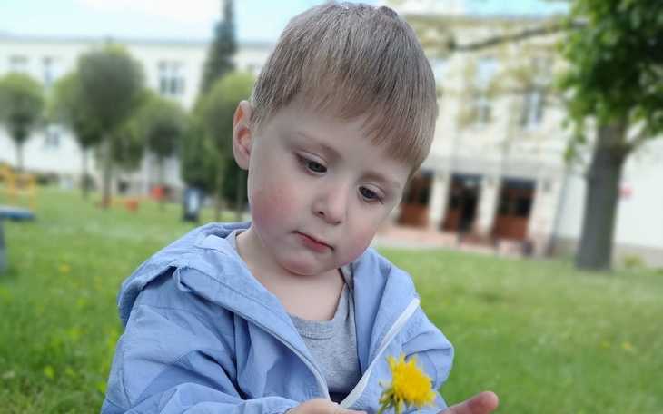 Chłopiec zbierający kwiaty na trawie.