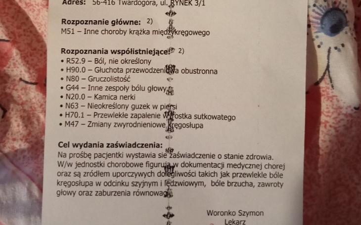 Dokument medyczny z informacjami o diagnozach.