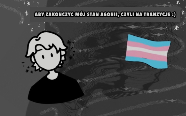 Ilustracja z tęczową flagą i postacią, związana z tranzycją.