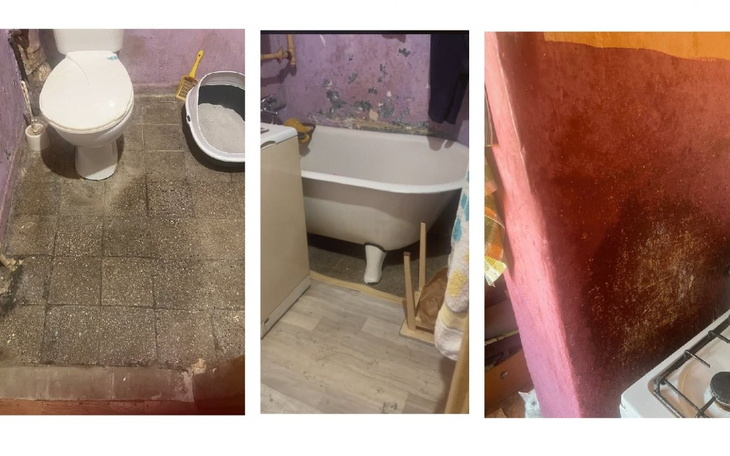 Zniszczona łazienka z brudnymi ścianami i podłogą.