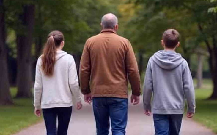 Rodzina spacerująca po parku, widok z tyłu.