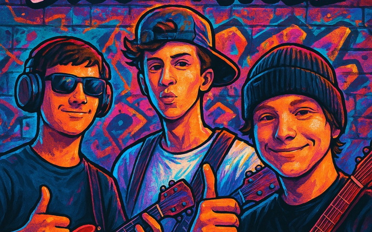 Trzej młodzieńcy pozujący z gitarami na tle graffiti.