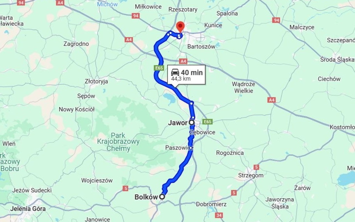 Mapa z trasą między Jaworem a Bolkowem.
