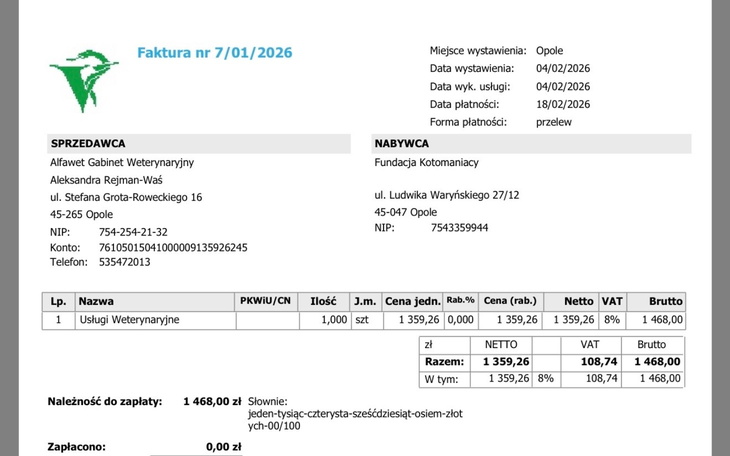 Faktura za usługi weterynaryjne z datą wystawienia.