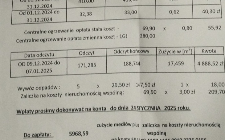 Dokument z odczytami mediów i kosztami, z datą płatności.