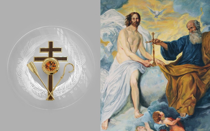 Obrazek przedstawiający symbol krzyża i postacie religijne.