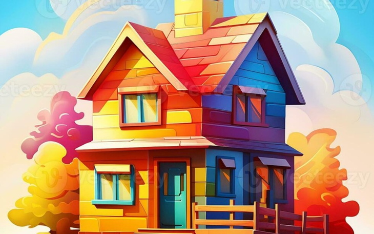 Kolorowy, stylizowany rysunek domku w otoczeniu drzew.