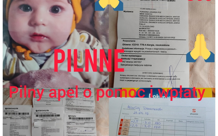 Apel o pomoc finansową dla małego dziecka z dokumentami.