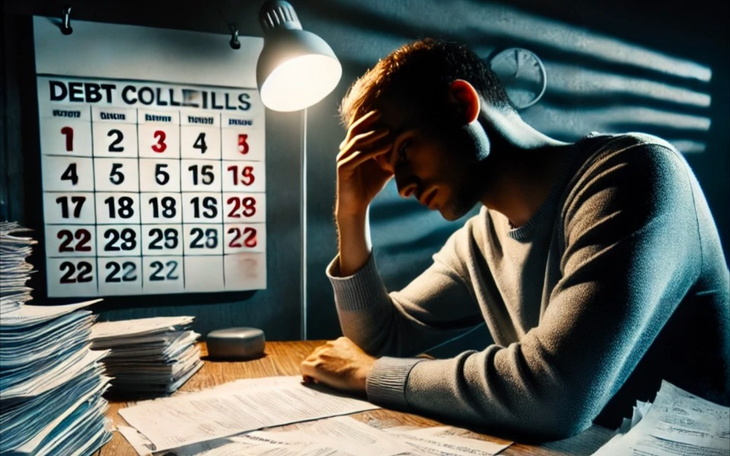 Mężczyzna zmartwiony, siedzący przy biurku z dokumentami.