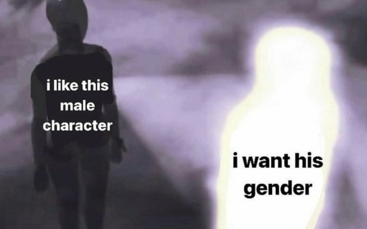 Postać na tle ciemnego tła z tekstem o płci.