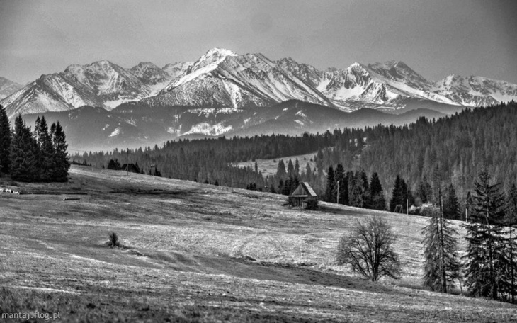 Malowniczy widok na góry z ośnieżonymi szczytami i zielonymi dolinami.
