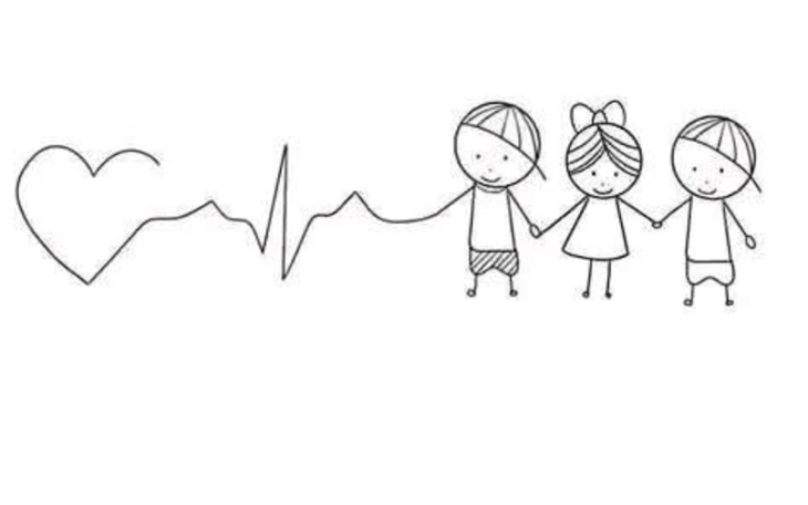 Rysunek dzieci trzymających się za ręce z sercem.