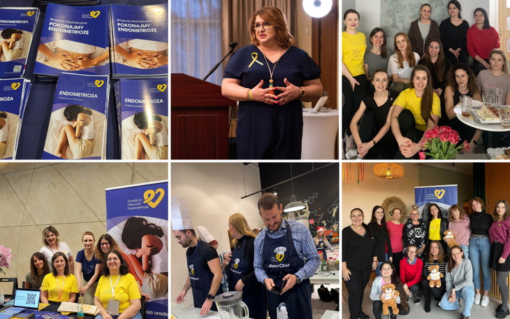 Kolaż zdjęć z wydarzenia dotyczącego endometriozy i wsparcia dla kobiet.