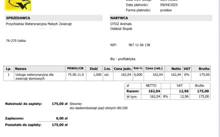 Faktura za usługi weterynaryjne dla zwierząt domowych.