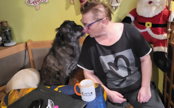 Osoba w towarzystwie psa, spędzająca czas w przytulnym wnętrzu.