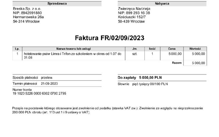 Faktura z danymi o szkoleniu i płatności.