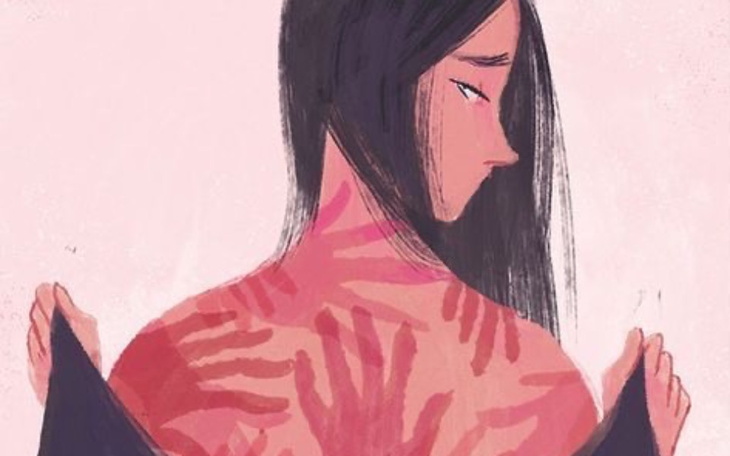 Ilustracja przedstawiająca kobietę z odciskami dłoni na plecach.