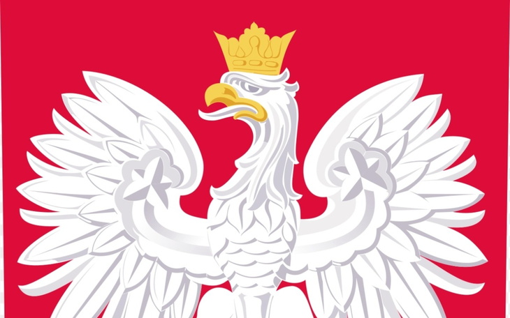 Orzeł biały, symbol Polski, na czerwonym tle.
