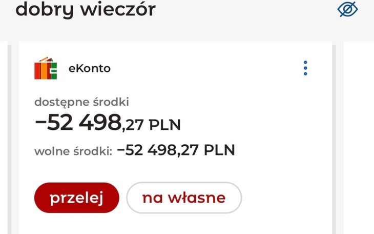 Zrzut ekranu z aplikacji bankowej z saldem.
