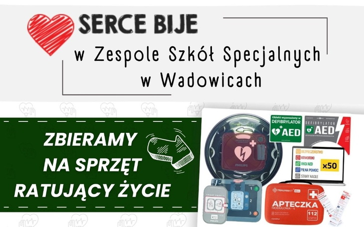 Plakat zbiórki na sprzęt ratujący życie w szkole.