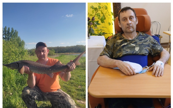 Mężczyzna trzymający rybę, obok zdjęcie w szpitalu.