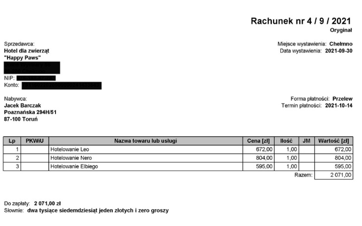 Zbiórka 3 psy, rachunek z września - zdjęcie główne
