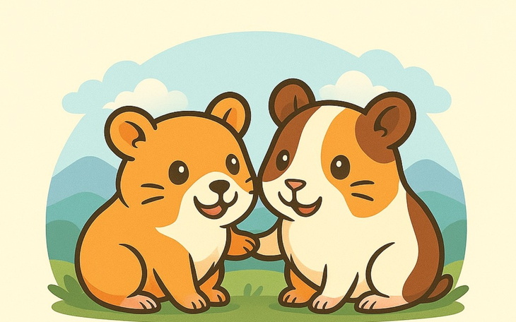 Dwa uśmiechnięte świnki morskie na tle górskiego krajobrazu.