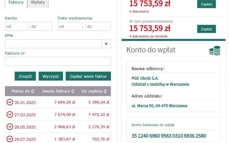 Zrzut ekranu z systemu płatności, pokazujący fakturę.