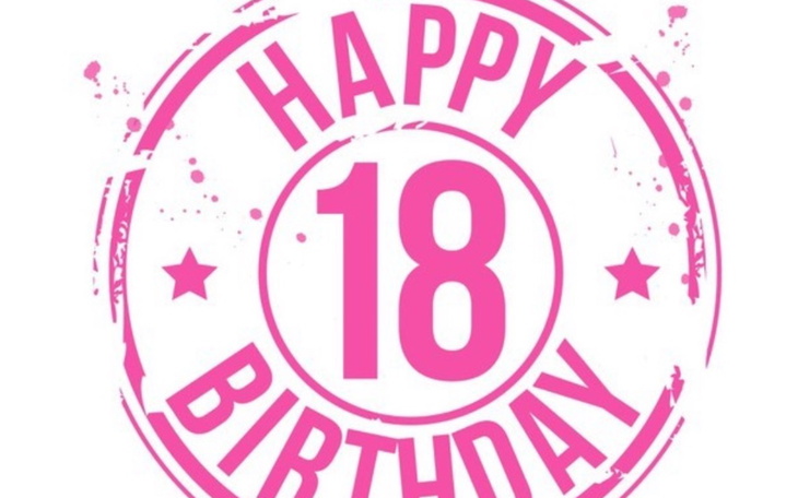 Różowa grafika z napisem 'Happy 18 Birthday'.