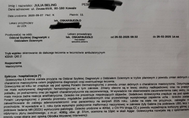 Dokument medyczny dotyczący hospitalizacji i diagnozy pacjenta.