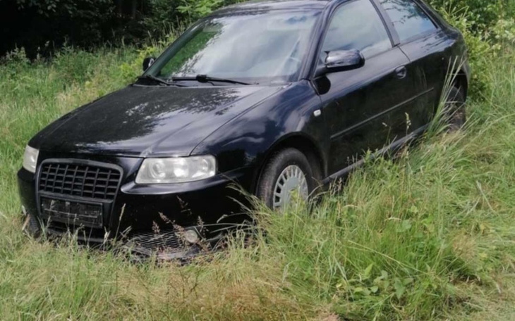 Czarny samochód zaparkowany w wysokiej trawie.