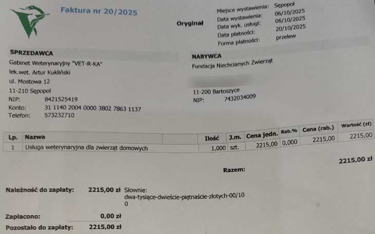 Faktura za usługi weterynaryjne dla zwierząt domowych.