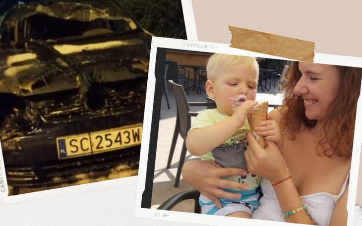 Dziecko jedzące lody, z uśmiechem na twarzy, w towarzystwie dorosłej osoby.