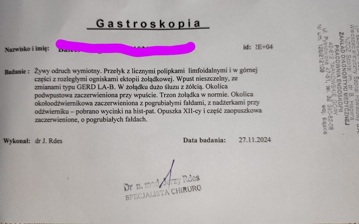 Dokument medyczny dotyczący gastroskopii.