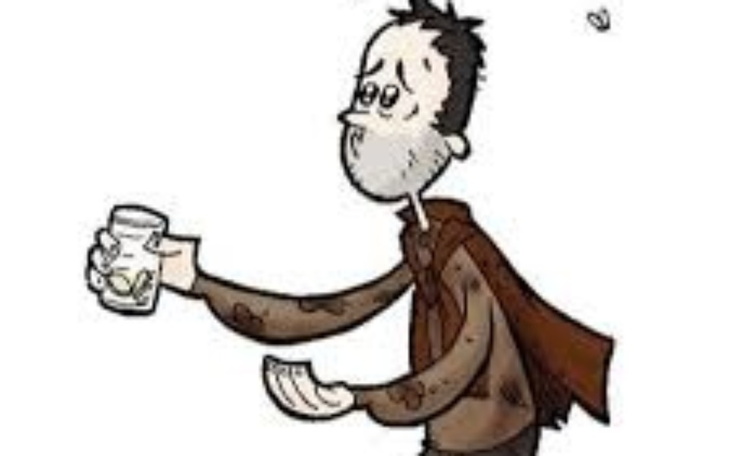 Rysunek bezdomnego mężczyzny z kubkiem w ręku.