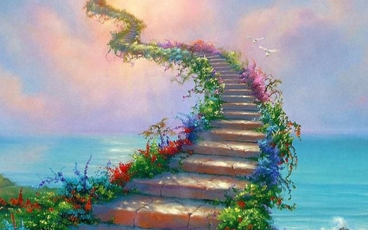 Malownicze schody prowadzące do nieba, otoczone kwiatami.