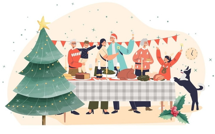 Rodzina świętująca przy stole, z choinką w tle.